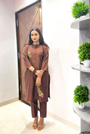 Elegant Brown Embroidered Kurta Set – Cotton Blend