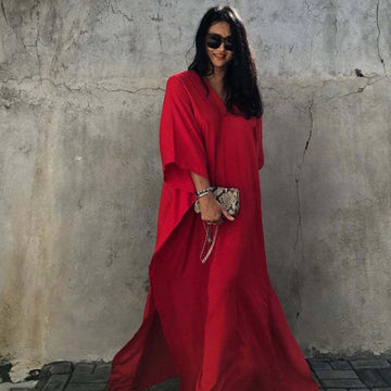 Solid Blue Plus Size Long Kaftan Casual Robe Maxi Dress Red one size