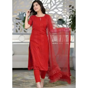Red Kurti Pant Set with Dupatta