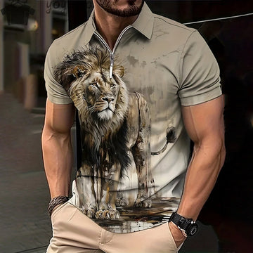 Summer Men Polo Shirt Animal Print 3D Simple Lapel Men's Shirts Lion Print Men's Short Sleeve Shirts Casual Men's Clothing Tops S32PL0311
