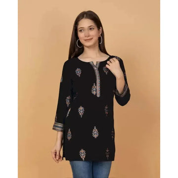 Women Printed Black Rayon Short Kurta