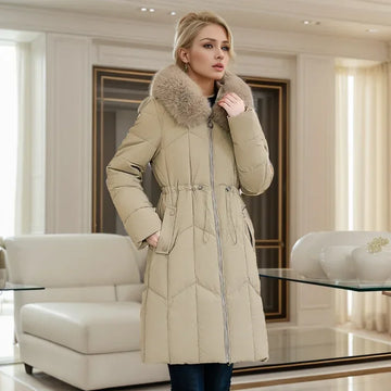 Women's Winter Padded Jackets Hooded Large Fur Collar Loose Thick Waist-Cinching Down Cotton Coat