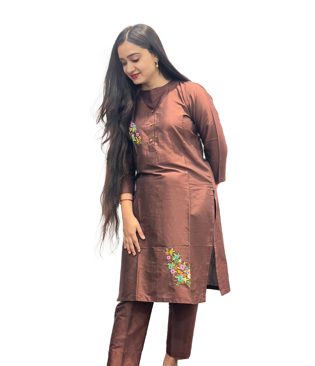 Elegant Brown Embroidered Kurta Set – Cotton Blend