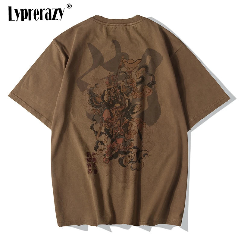 Lyprerazy Chinese Vintage Monkey King Embroidery T Shirt Men Tshirt Men Streetwear T-Shirt Hip Hop 4XL Clothes Brown Cotton