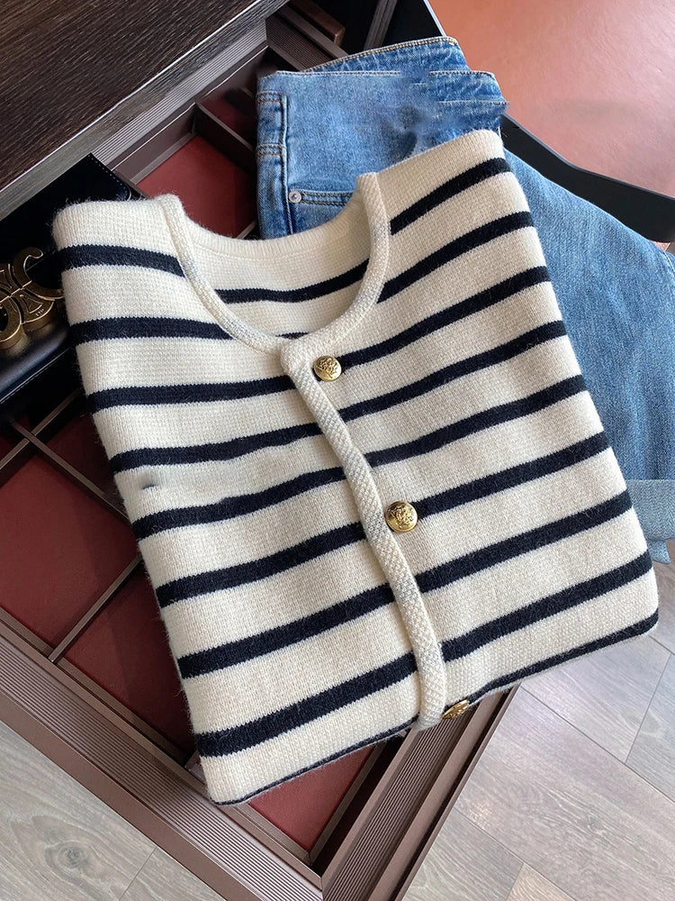 Women Spring Autumn Sweaters O-neck Stripe Knitted Cardigan Fashion Long Sleeve Casual Short Tops Korean Style New