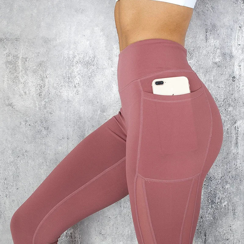 Mesh Spliced Leggings Women Seamless Tights with Pocket Pants High Waist Hip Lift Gym Trainning Running Elastic Slim Yoga Pants red