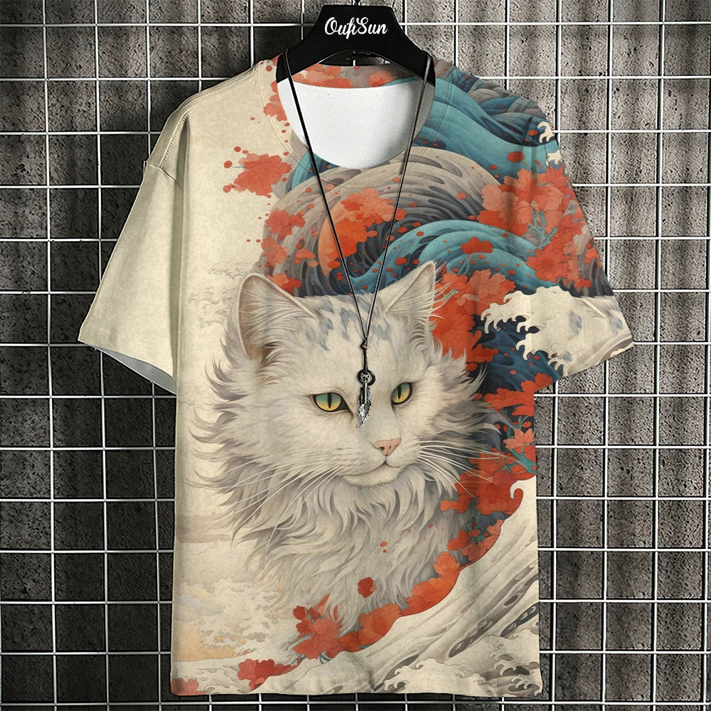 Cartoon Anime Cat Printed T Shirt For Men Japanese Tees Wolf T-Shirt Outdoor Hip Hop Tops Clothes Casual Loose Short Sleeve Tees C01-MY12830