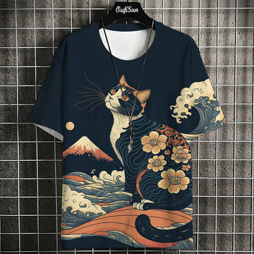 Cartoon Anime Cat Printed T Shirt For Men Japanese Tees Wolf T-Shirt Outdoor Hip Hop Tops Clothes Casual Loose Short Sleeve Tees C01-MY12821