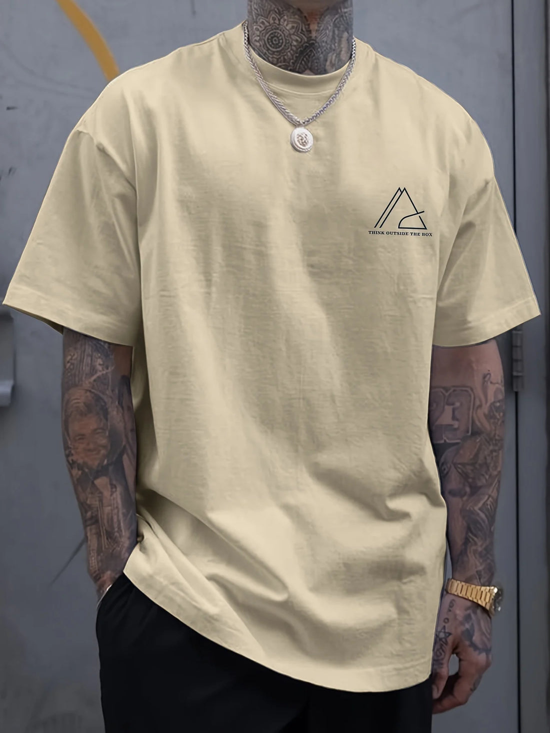 Men's Summer Round Neck Short Sleeve Geometric Print T-Shirt Khaki