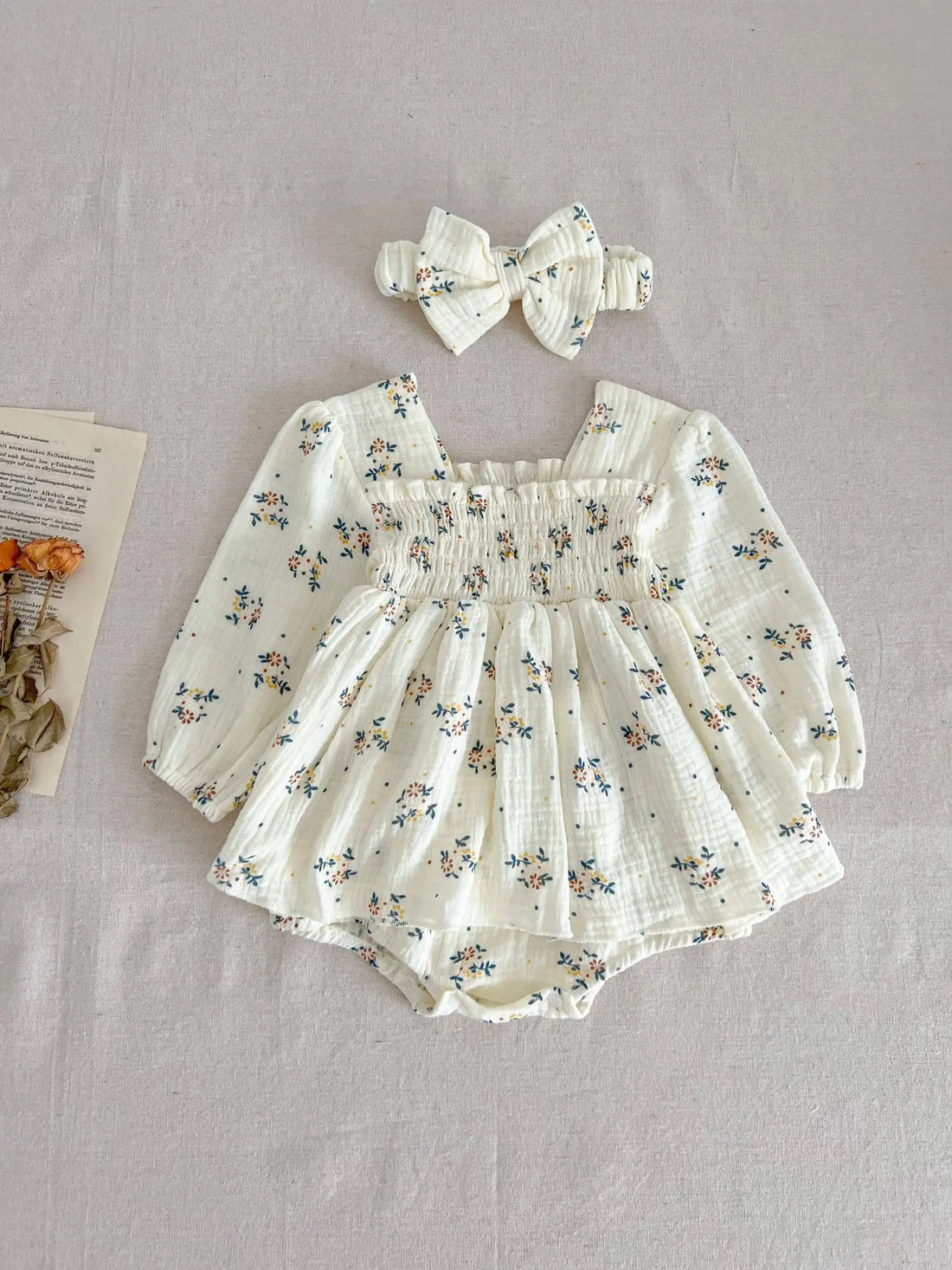 INS style Baby's Autumn Jumpsuit Baby Girl's Princess Hare Small Floral Dress Western style Sweet with Headband Dress