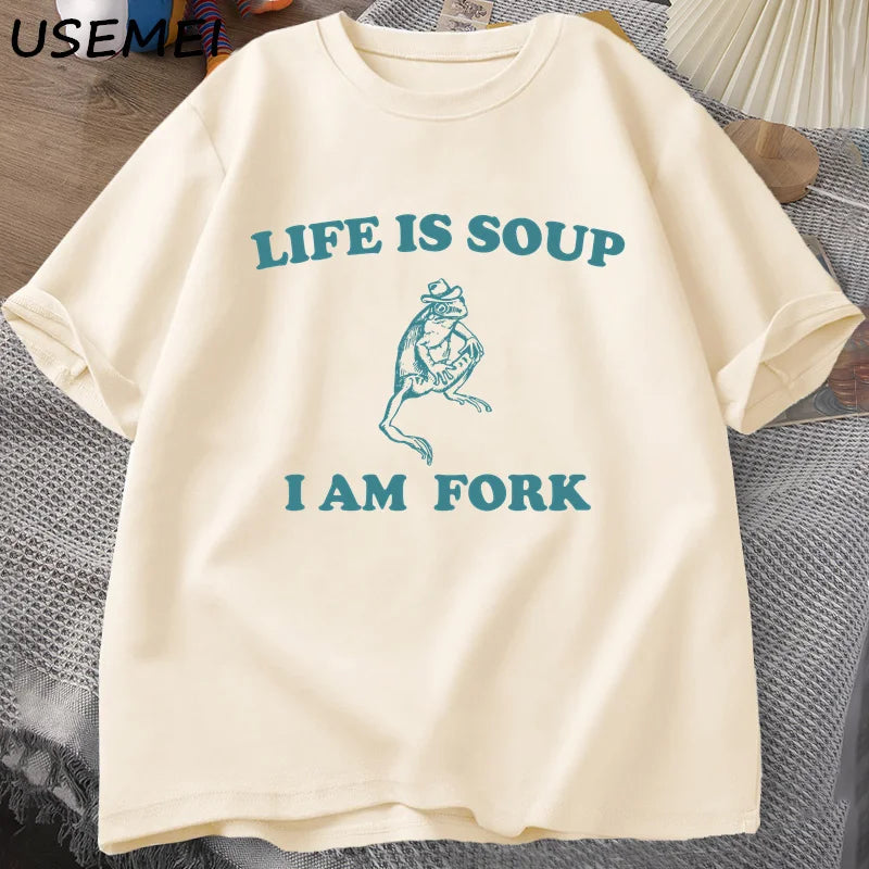 Life Is Soup I Am Fork Frog Graphic T Shirt Cotton Unisex Funny Retro T-Shirt Summer Animal Printed Tshirt Frog Meme Tees khaki