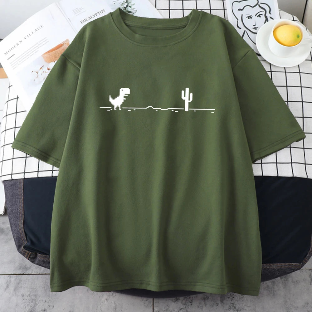 Mosaic Game Cactus Little Dinosaur Mens Short Sleeve Cartoons Casual Creativity T-Shirts Oversize Breathable Man Cotton Clothing Dark Green CHINA