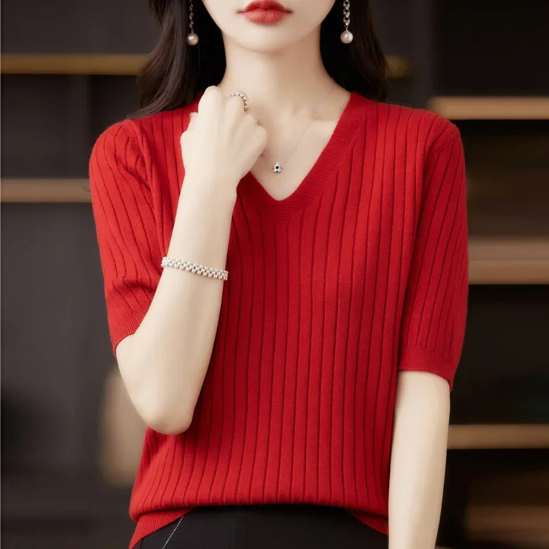 Women Sweater Short Sleeve V-neck Stripe Knitwears Slim Fit Shirt Korean Fashion Pullovers Thin Knit Tops 2024 Bottoming Shirts