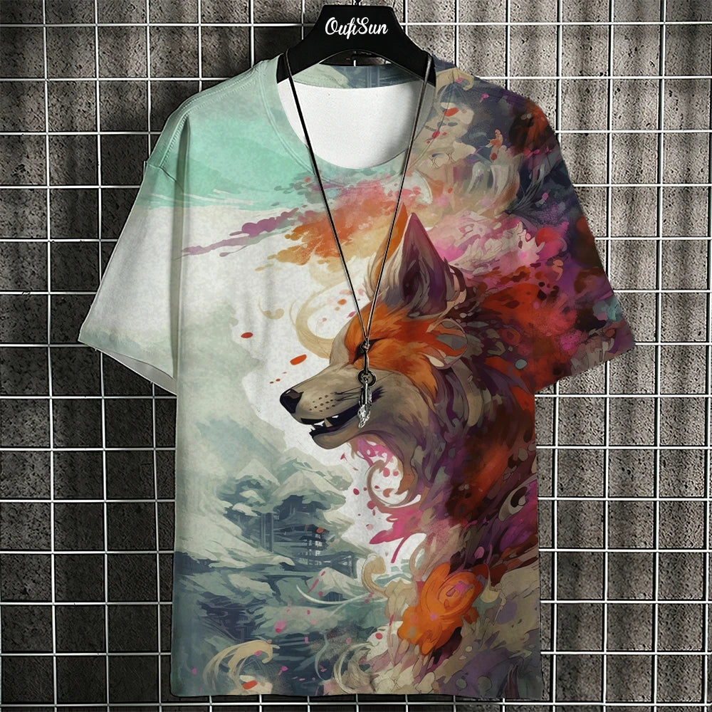 Cartoon Anime Cat Printed T Shirt For Men Japanese Tees Wolf T-Shirt Outdoor Hip Hop Tops Clothes Casual Loose Short Sleeve Tees C01-MY12821