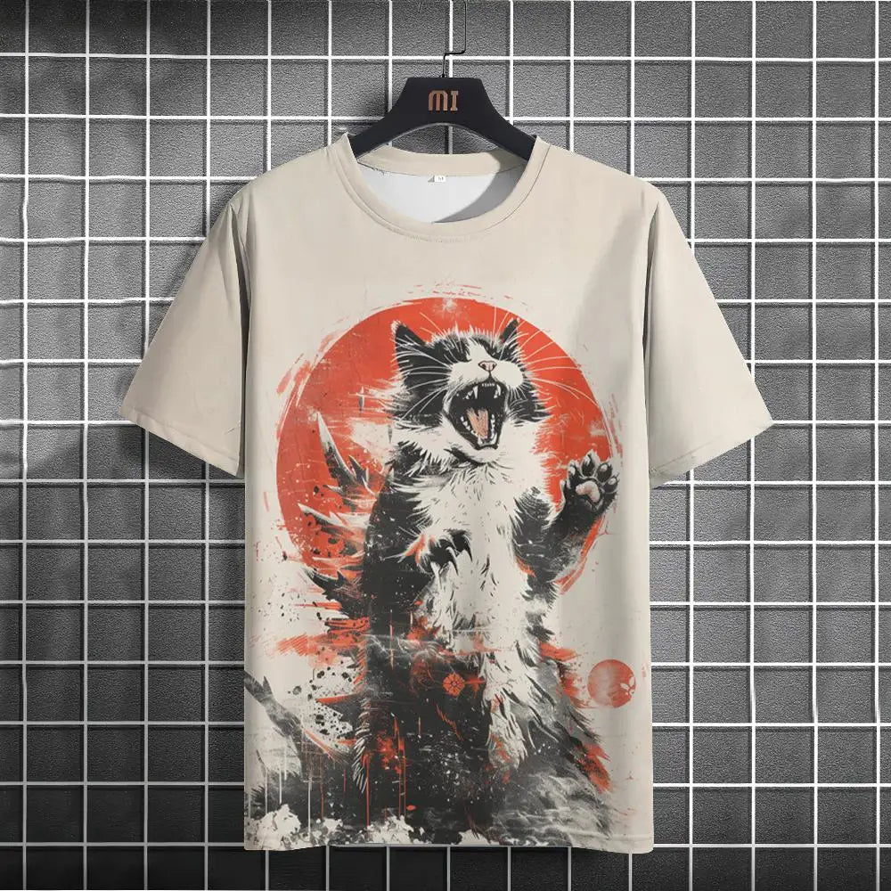 Japanese Style T-Shirt For Men Godzilla And The Cat Graphic T Shirts Printed Short Sleeve T Shirts Oversized Men's Clothing Tops C01-DY26079