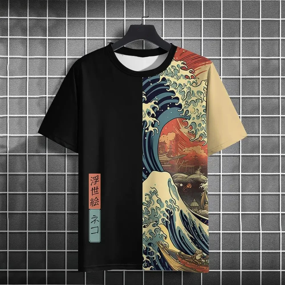 Men's T-Shirt Japanese Style Ukiyo-e Cat Printing T-Shirts Summer New Casual Loose Short Sleeve Oversized Men Clothing Tops Tees EXC04G2024031AE