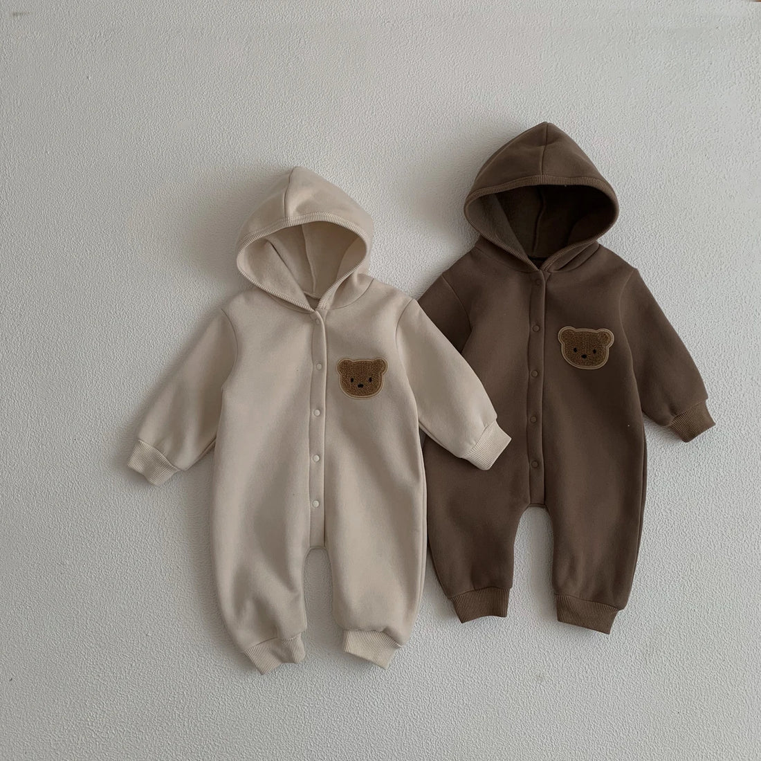 Winter Newborn Baby Plush Bodysuit Button Jumpsuit Cartoon Bear Hoodies Boy Girl Romper Twins Clothes Korean version