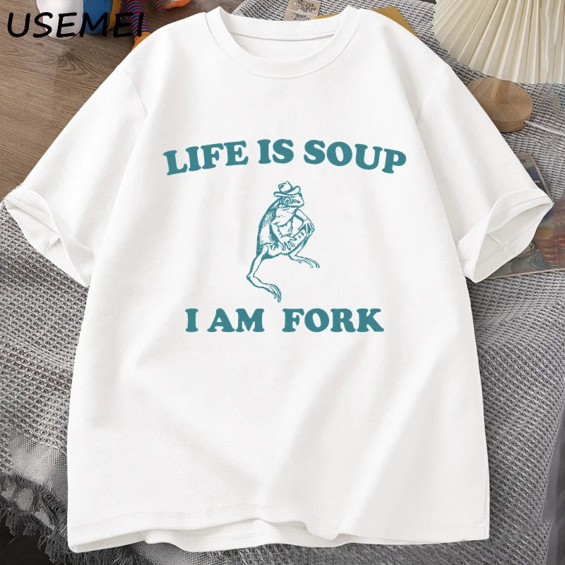 Life Is Soup I Am Fork Frog Graphic T Shirt Cotton Unisex Funny Retro T-Shirt Summer Animal Printed Tshirt Frog Meme Tees khaki