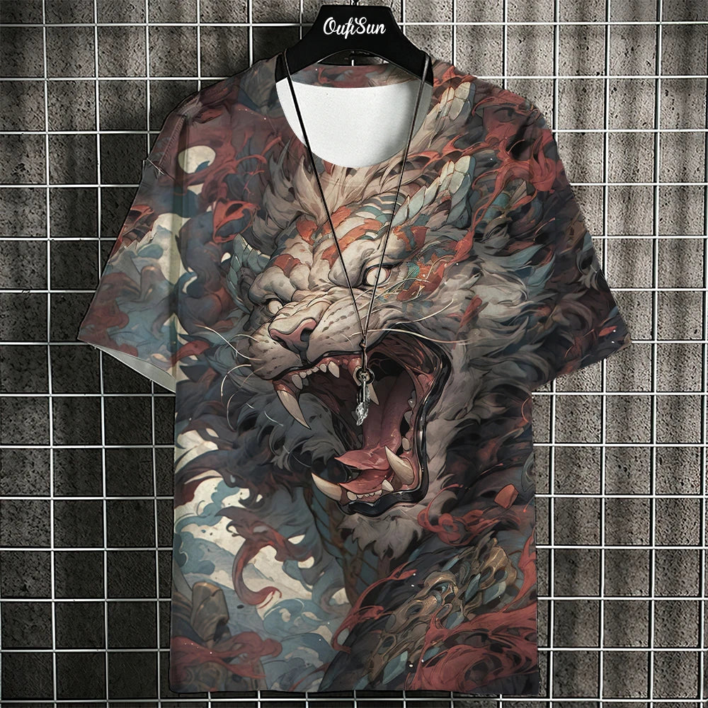 Cartoon Anime Cat Printed T Shirt For Men Japanese Tees Wolf T-Shirt Outdoor Hip Hop Tops Clothes Casual Loose Short Sleeve Tees C01-MY12825