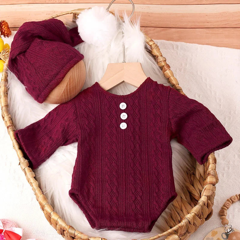 Ylsteed 2 Pieces Set Newborn Photo Shooting Clothes Knitting Baby Boy Jumpsuit with Pompom Hat Infant Photography Props Burgundy 0-1Month