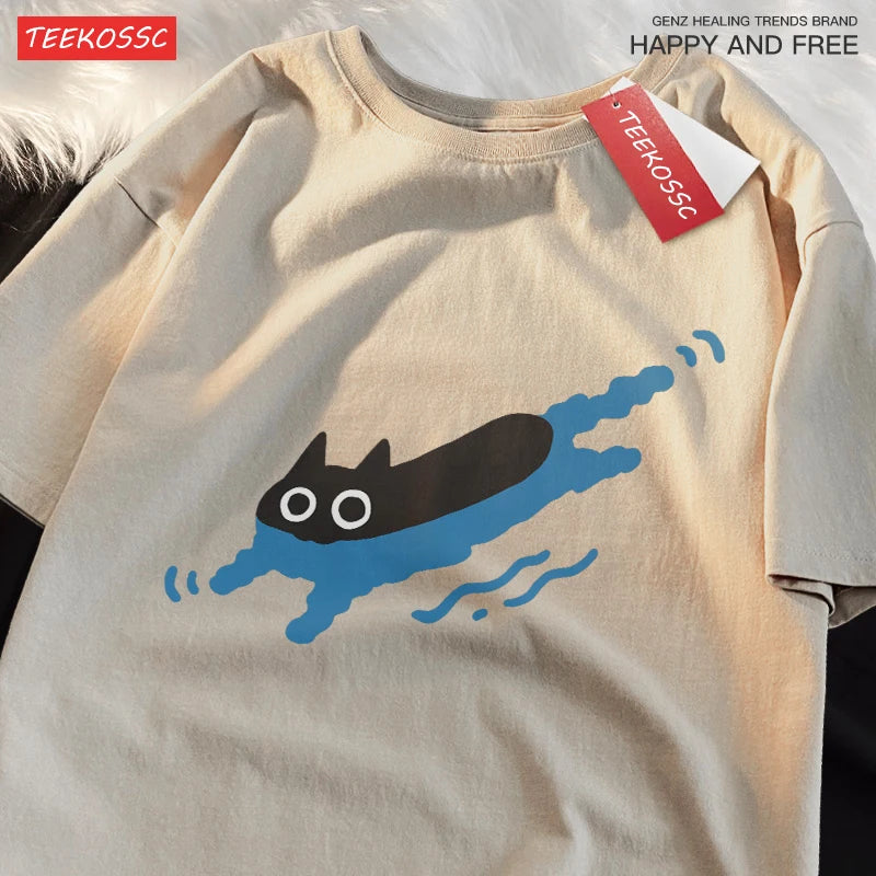 Swimming Cat Diving Short Sleeved T-shirt For Men Women Khaki No