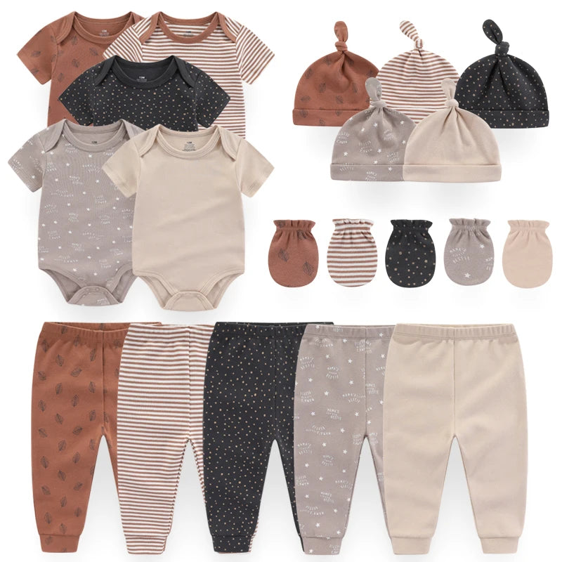 Unisex Newborn Baby Boy Clothes Sets Cotton Bodysuits+Pants+Gloves+Hats Baby Girl Clothes 0-12M Solid Color Print Cartoon Bebes TPHG57