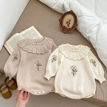 2023 Autumn Baby Girls Clothes Bodysuit Toddler Fine Knit One Piece Embroidery Baby Sweater Jumpsuit