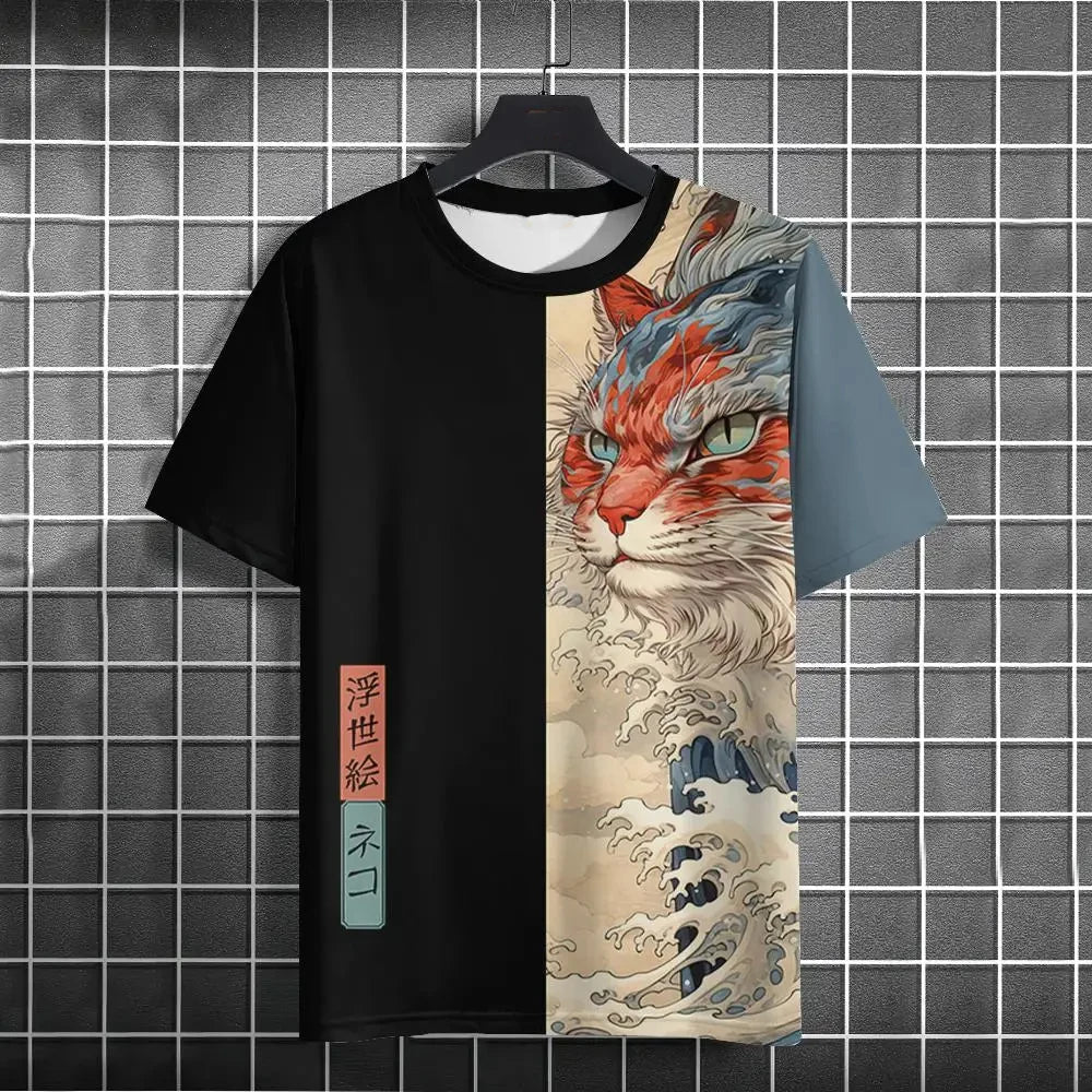 Men's T-Shirt Japanese Style Ukiyo-e Cat Printing T-Shirts Summer New Casual Loose Short Sleeve Oversized Men Clothing Tops Tees EXC04G2024031AE