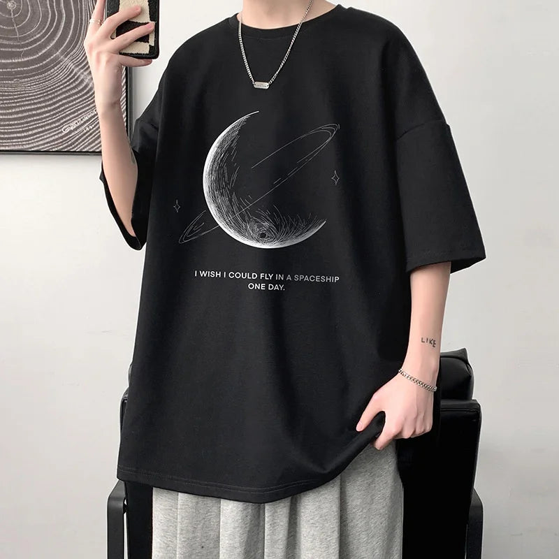 Men's Cotton Oversized T-shirt Loose Tops Tshirts For Clothing Breathable Casual Pattern Short Sleeve Tees Streetwear Recommend 129 Half Moon Black