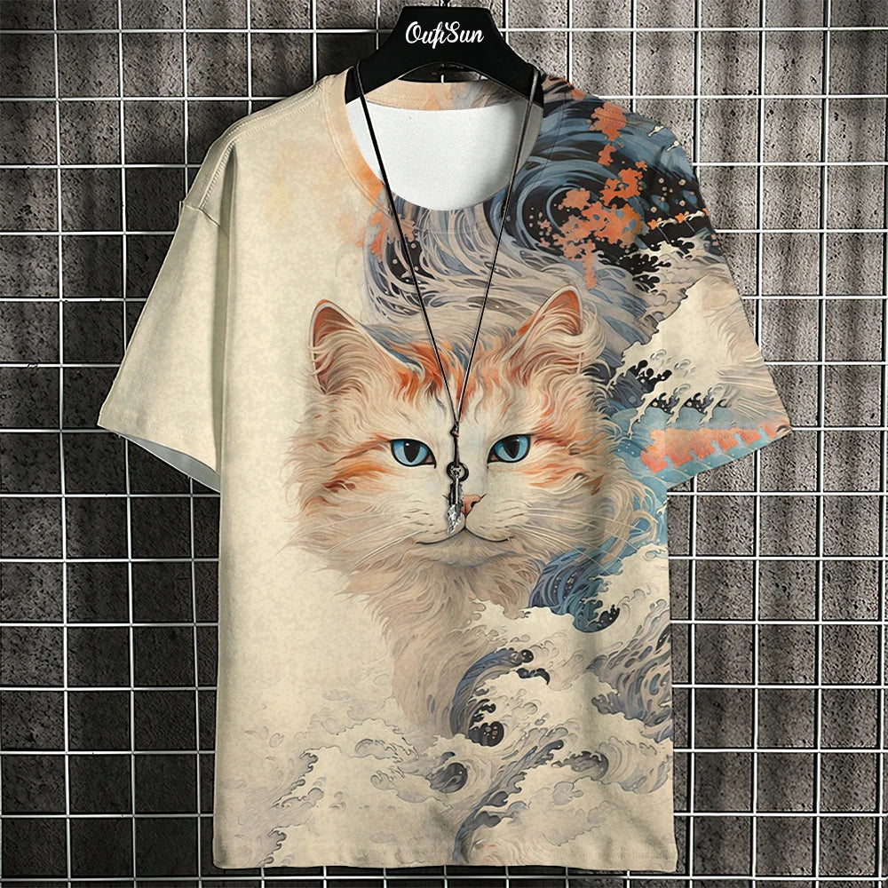 Cartoon Anime Cat Printed T Shirt For Men Japanese Tees Wolf T-Shirt Outdoor Hip Hop Tops Clothes Casual Loose Short Sleeve Tees C01-MY12831