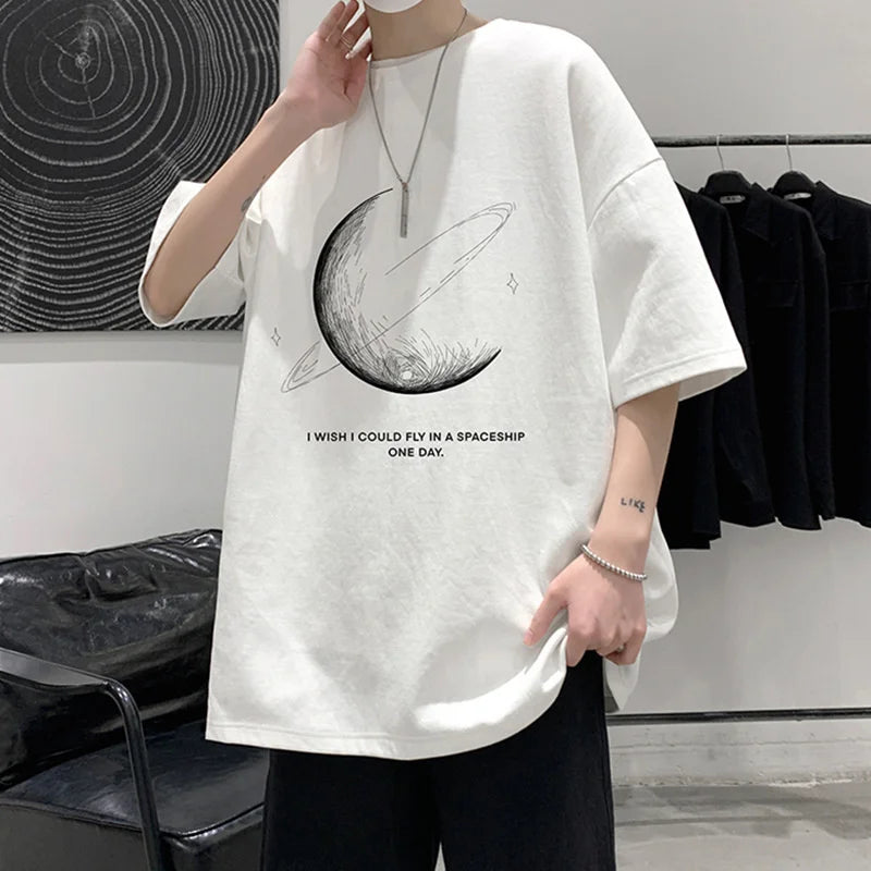 Men's Cotton Oversized T-shirt Loose Tops Tshirts For Clothing Breathable Casual Pattern Short Sleeve Tees Streetwear Recommend 129 Half Moon Black