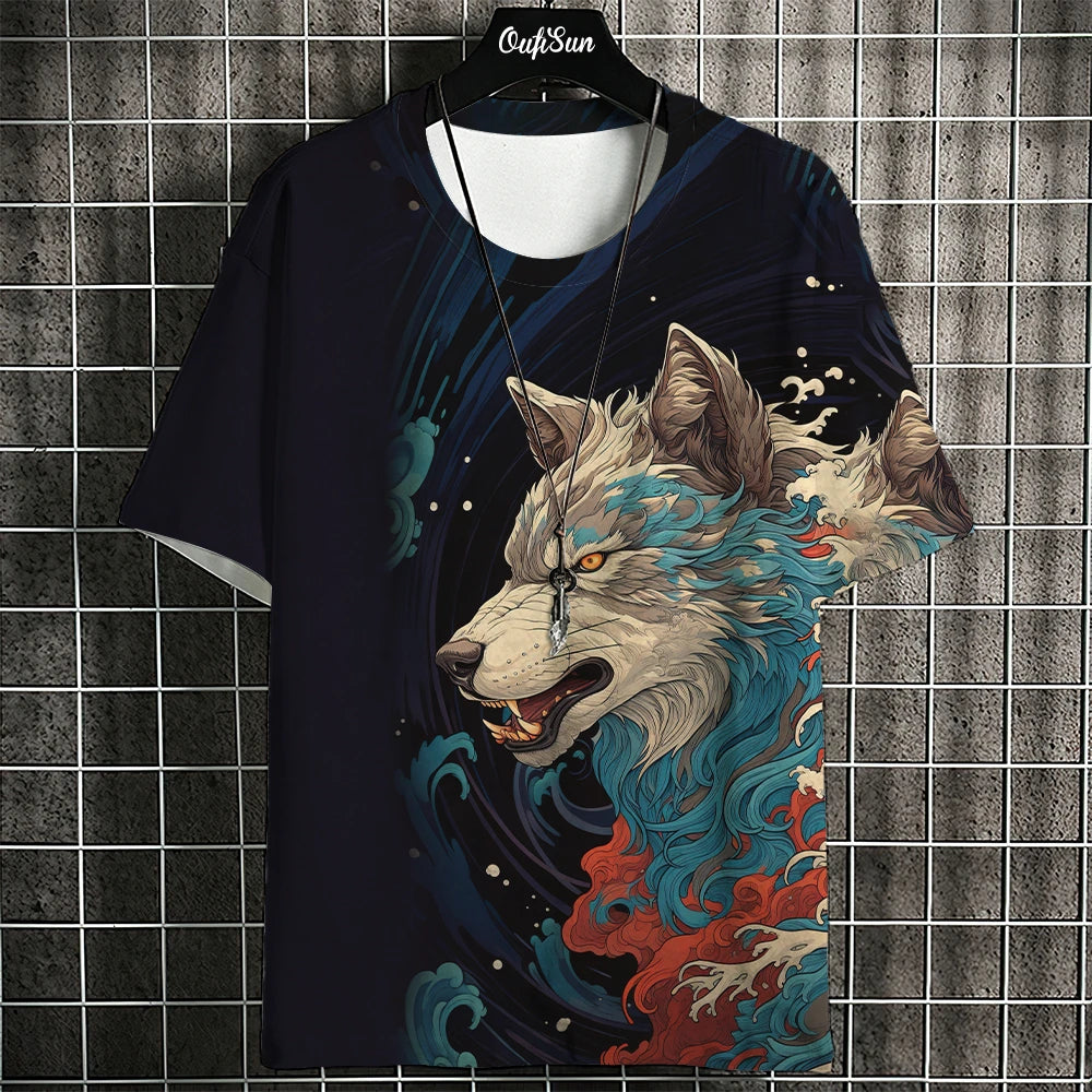 Cartoon Anime Cat Printed T Shirt For Men Japanese Tees Wolf T-Shirt Outdoor Hip Hop Tops Clothes Casual Loose Short Sleeve Tees C01-MY12824