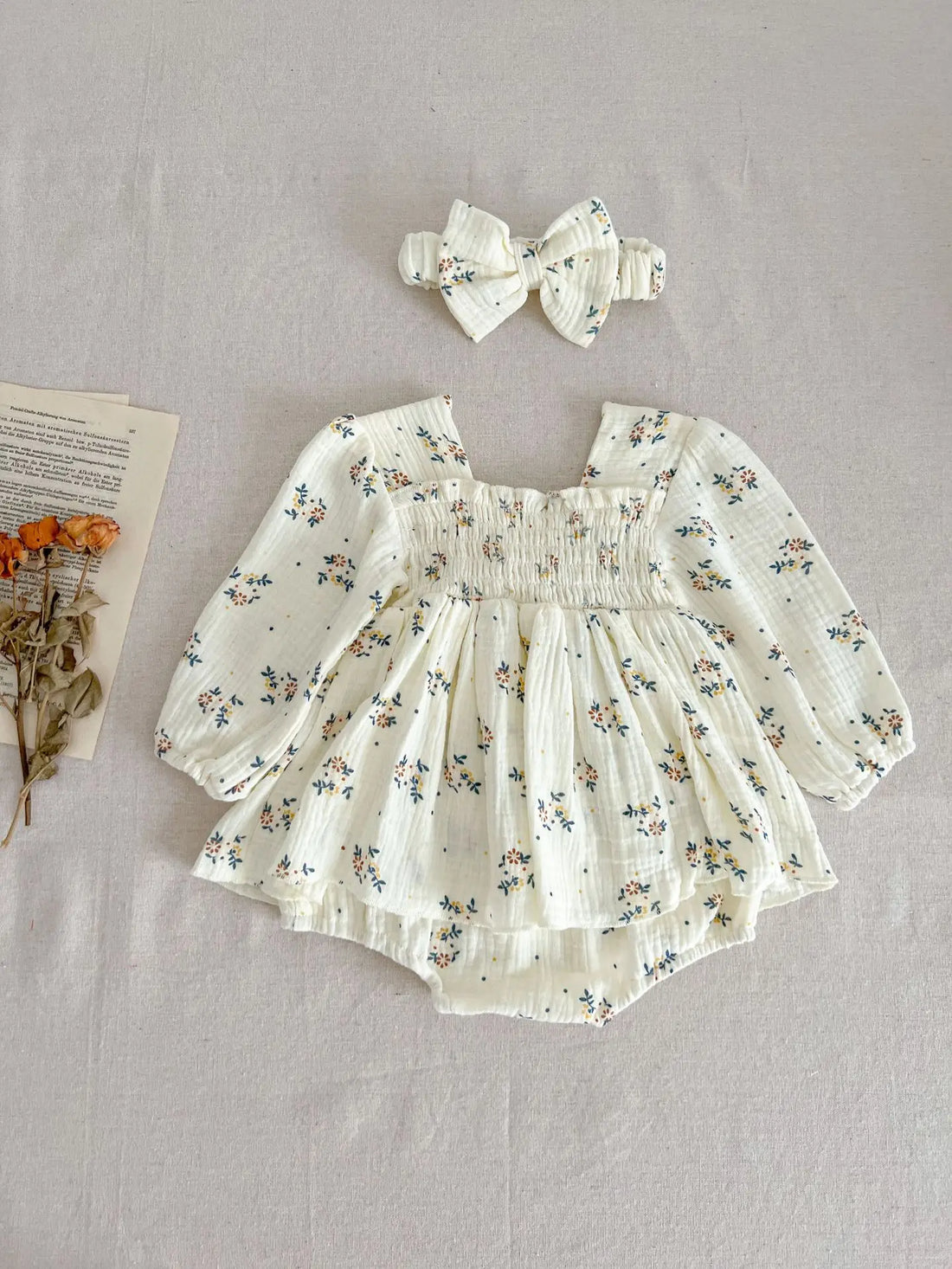 INS style Baby's Autumn Jumpsuit Baby Girl's Princess Hare Small Floral Dress Western style Sweet with Headband Dress