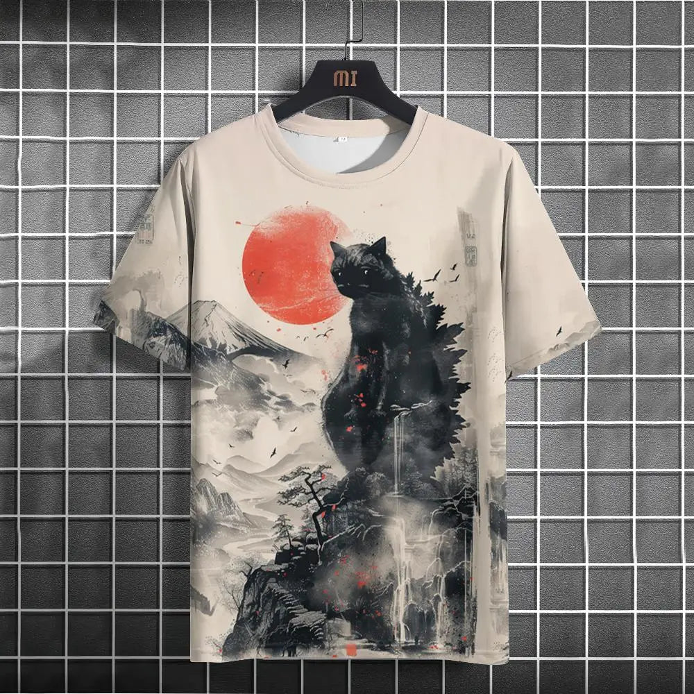 Japanese Style T-Shirt For Men Godzilla And The Cat Graphic T Shirts Printed Short Sleeve T Shirts Oversized Men's Clothing Tops C01-DY26079