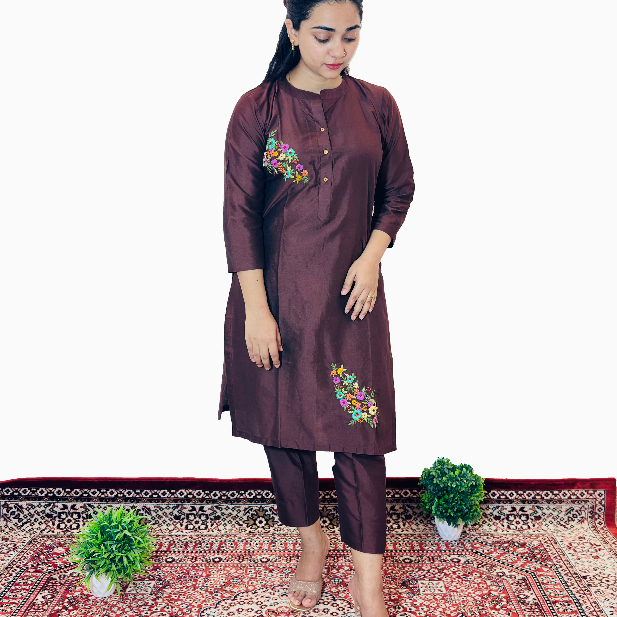 Elegant Brown Embroidered Kurti Set – Cotton Blend