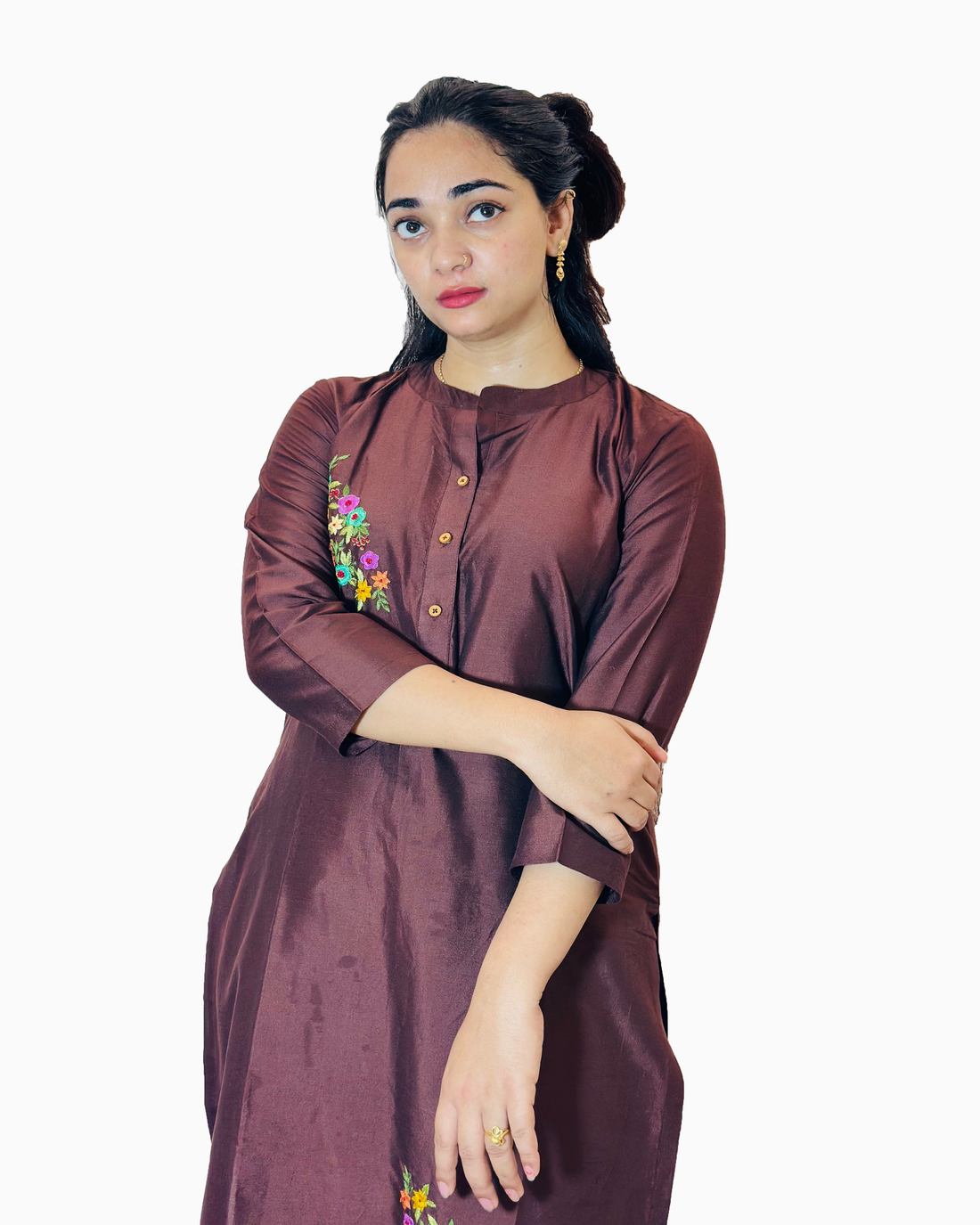Elegant Brown Embroidered Kurti Set – Cotton Blend
