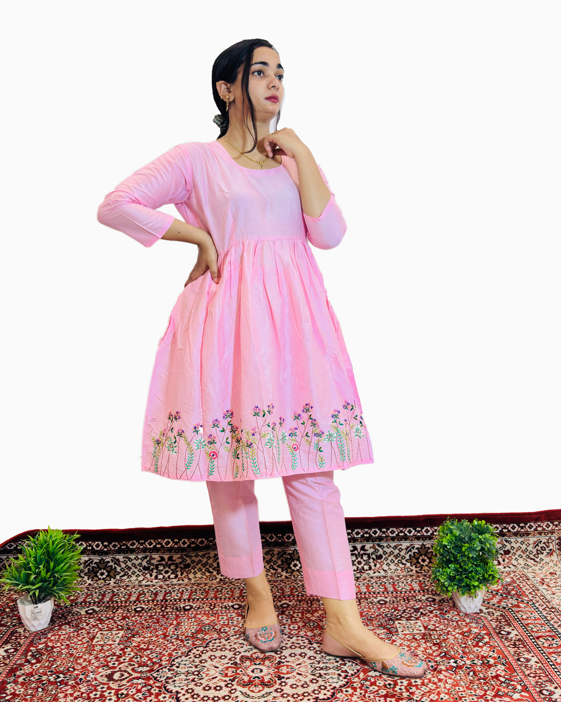 Blush Pink Floral Embroidered Kurti Set