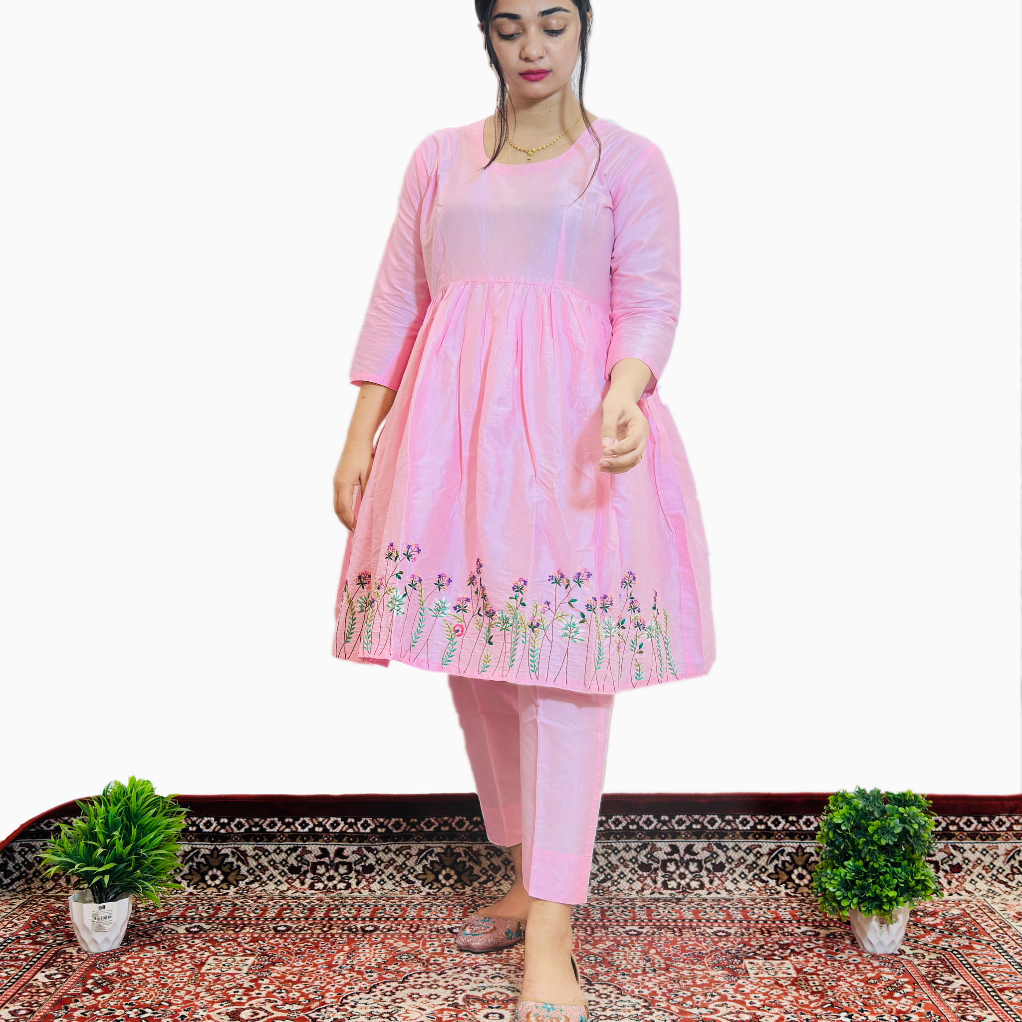 Blush Pink Floral Embroidered Kurti Set