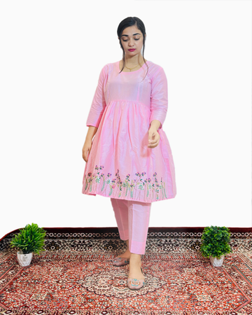 Blush Pink Floral Embroidered Kurti Set