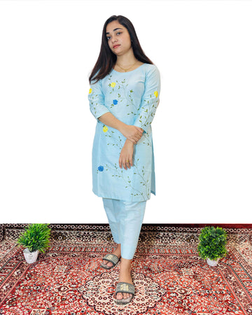 Elegant Light Blue Floral Embroidered Kurti Set for Women