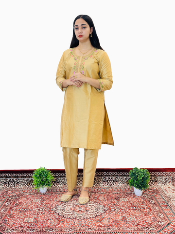 Golden Mustard Embroidered Kurti Set