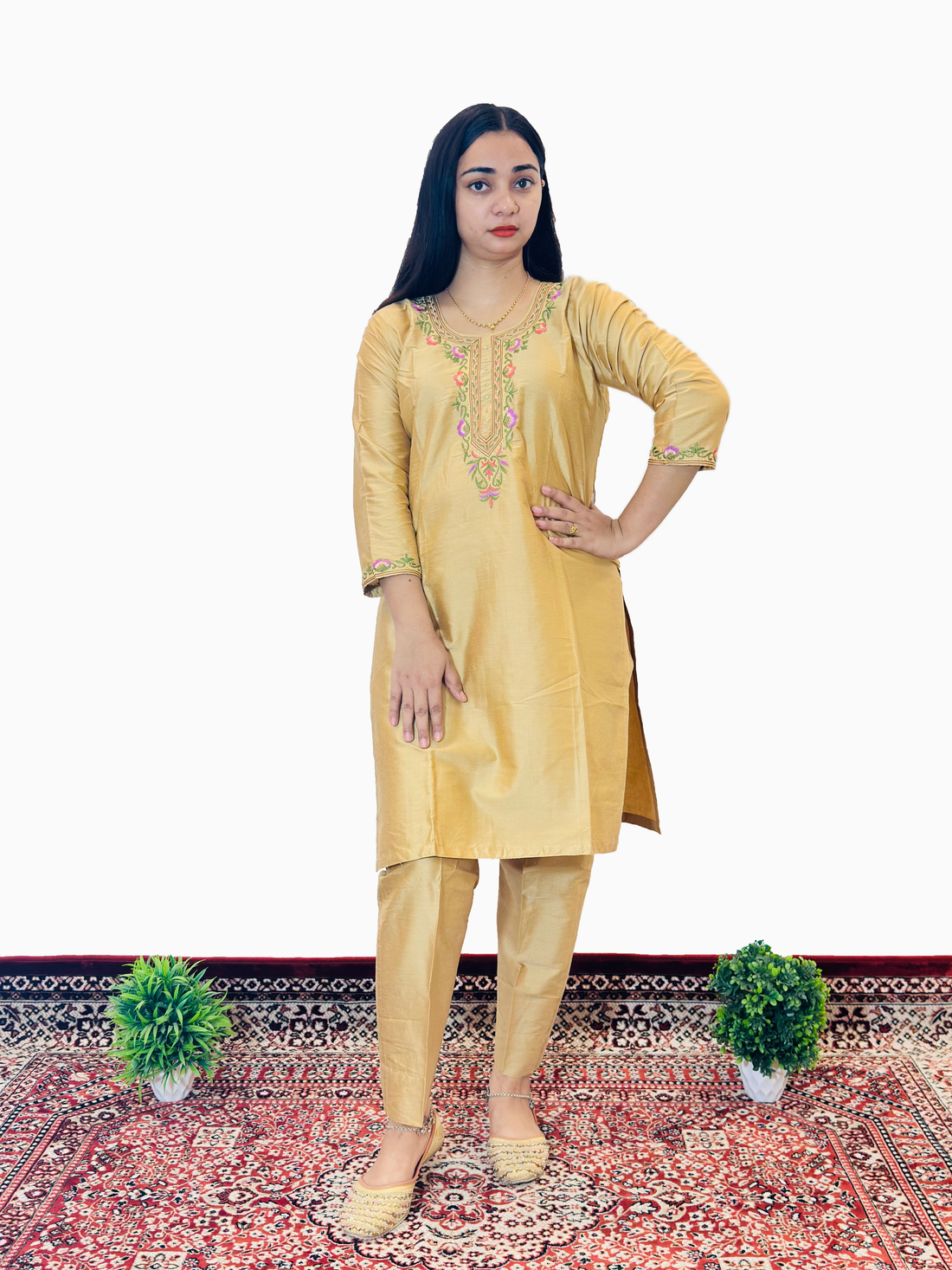 Golden Mustard Embroidered Kurti Set